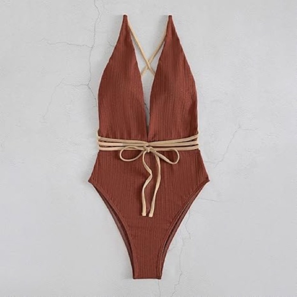 Nasty Gal Rust Brown Ribbed Plunge One-Piece with Tan Wrap Tie